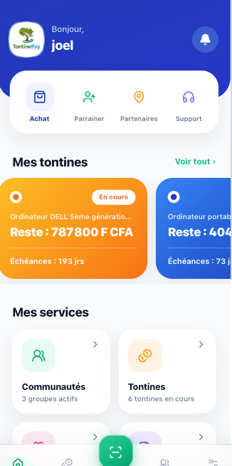 Écran d'accueil de l'application TontinePay : tontines en cours, achat, parrainage et accès à la communauté