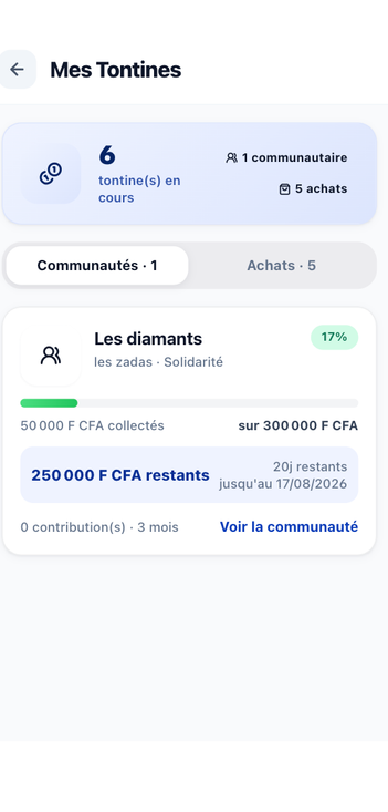 Écran Mes Tontines de l'application TontinePay
